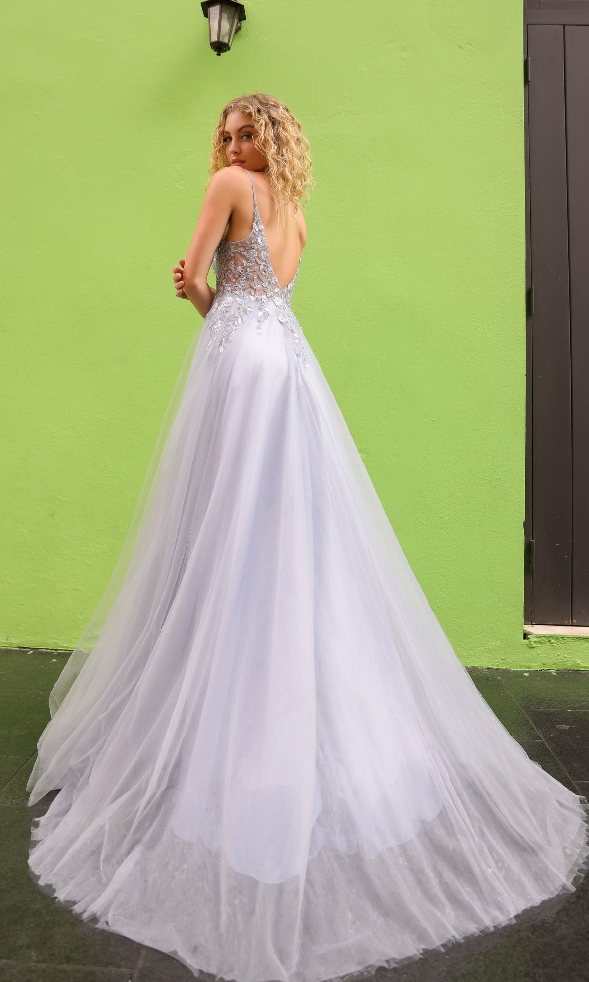 Deep V-Back Long Tulle A-Line Prom Dress Q1391