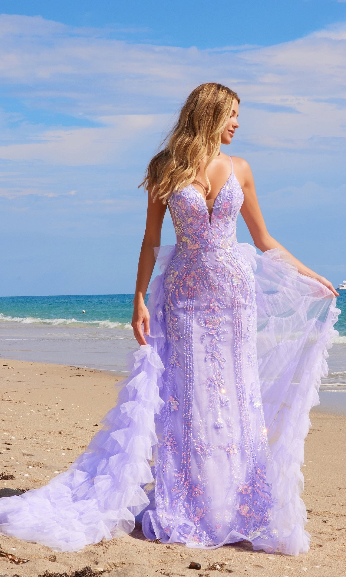 Ruffled Long Beaded Prom Dress: Nox Anabel Q1542