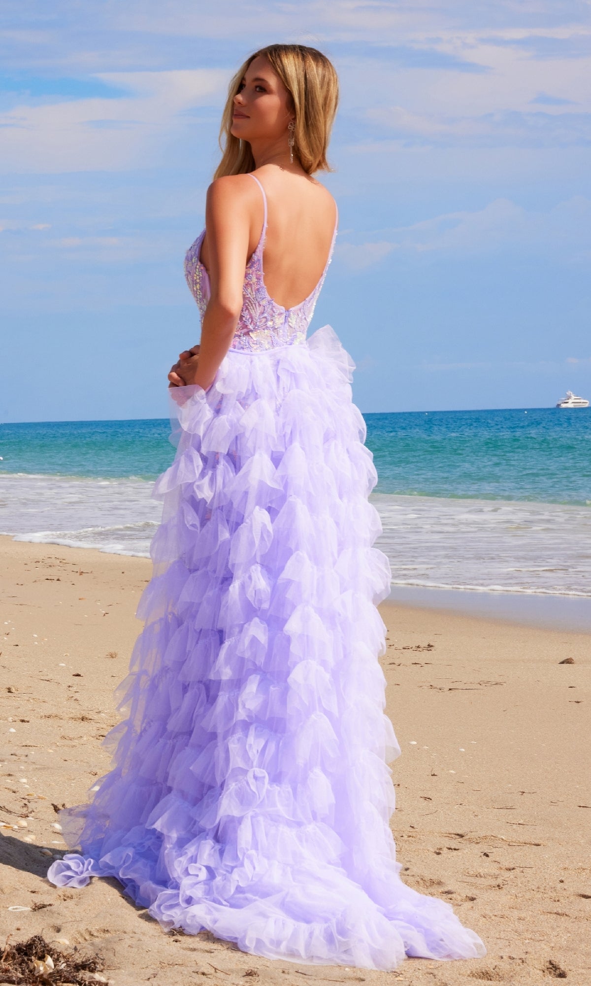 Ruffled Long Beaded Prom Dress: Nox Anabel Q1542