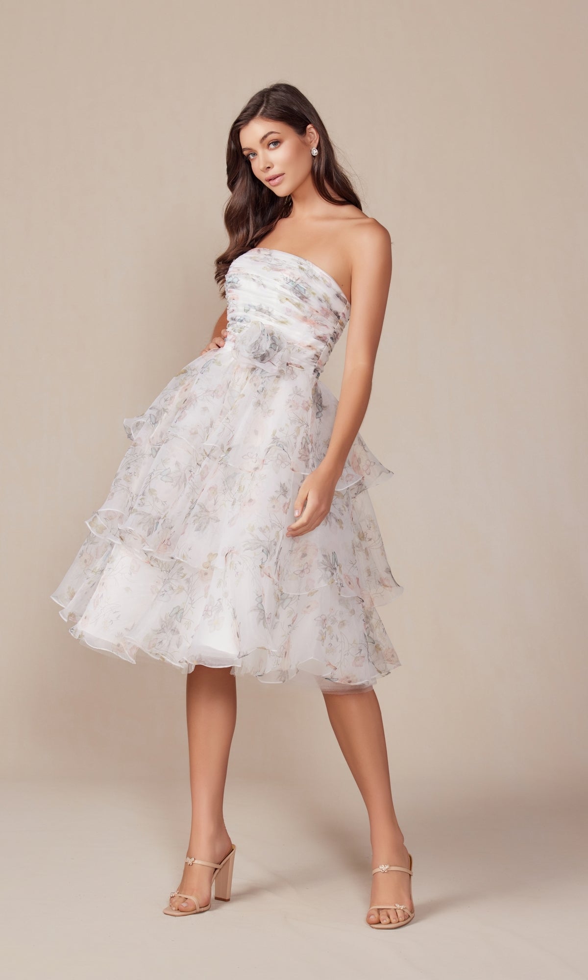 Strapless Floral-Print Midi Homecoming Dress Q842