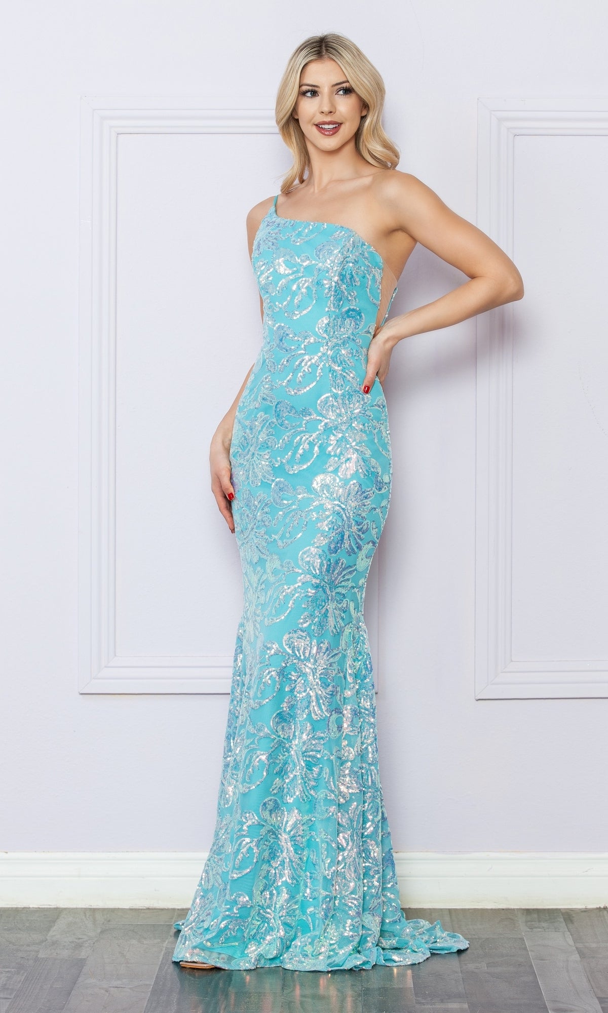 One-Shoulder Long Sequin-Print Prom Dress R1308