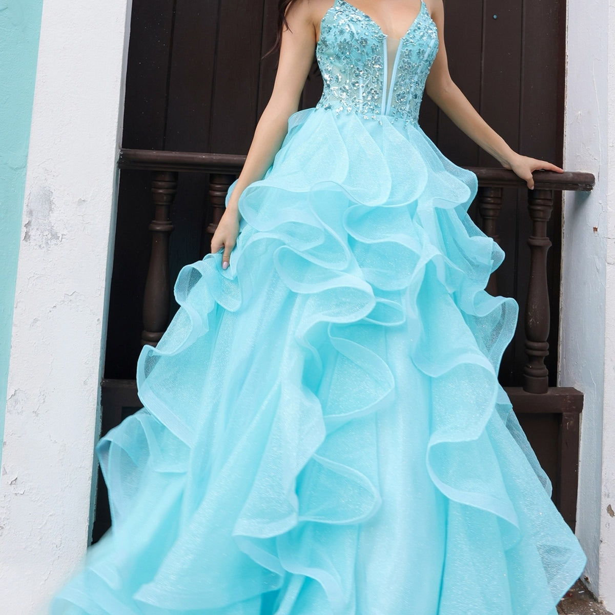 Aqua Blue Ruffled Long Prom Dress