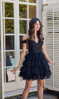 Short Ruffled Lace Hoco Dress: Nox Anabel R877