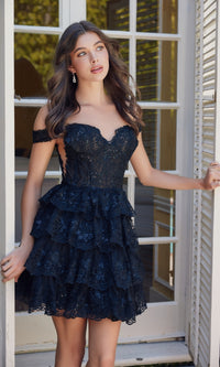 Short Ruffled Lace Hoco Dress: Nox Anabel R877