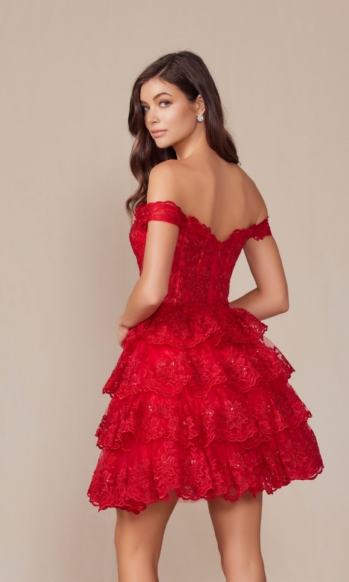 Short Ruffled Lace Hoco Dress: Nox Anabel R877