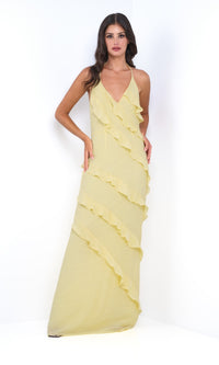 Long V-Neck Ruffle Prom Dress: Remi by Velvi