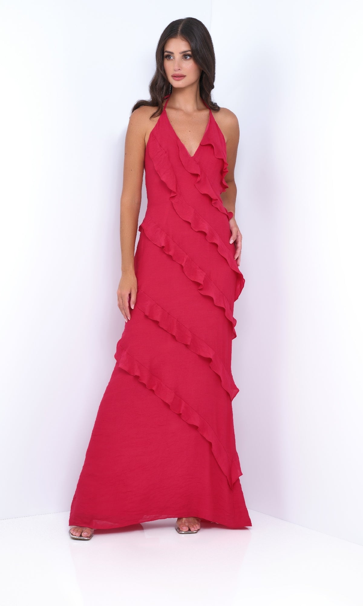 Long V-Neck Ruffle Prom Dress: Remi by Velvi