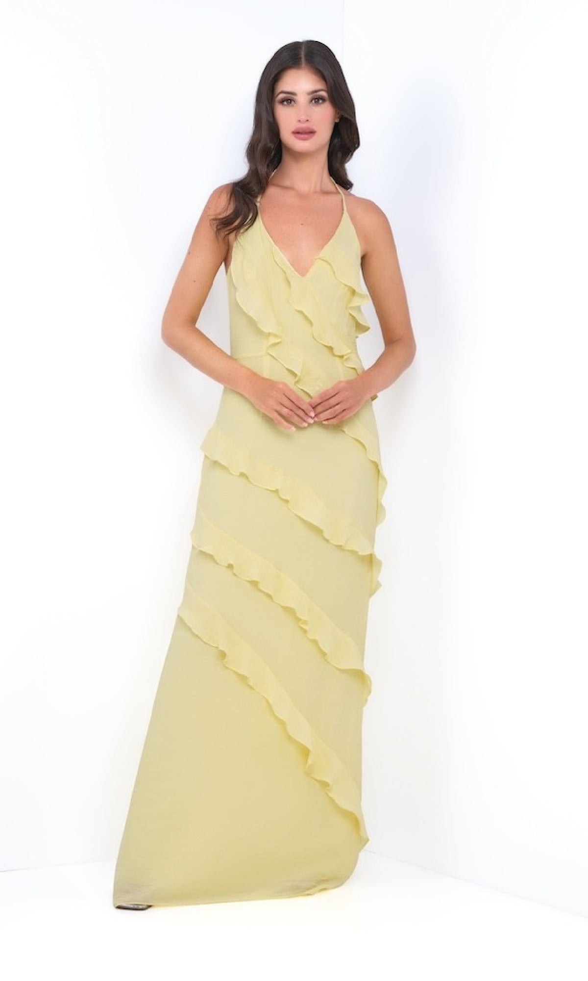 Long V-Neck Ruffle Prom Dress: Remi by Velvi