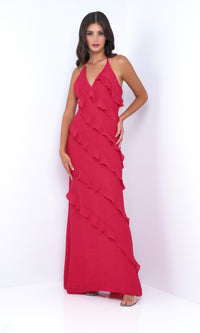 Long V-Neck Ruffle Prom Dress: Remi by Velvi