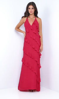 Long V-Neck Ruffle Prom Dress: Remi by Velvi