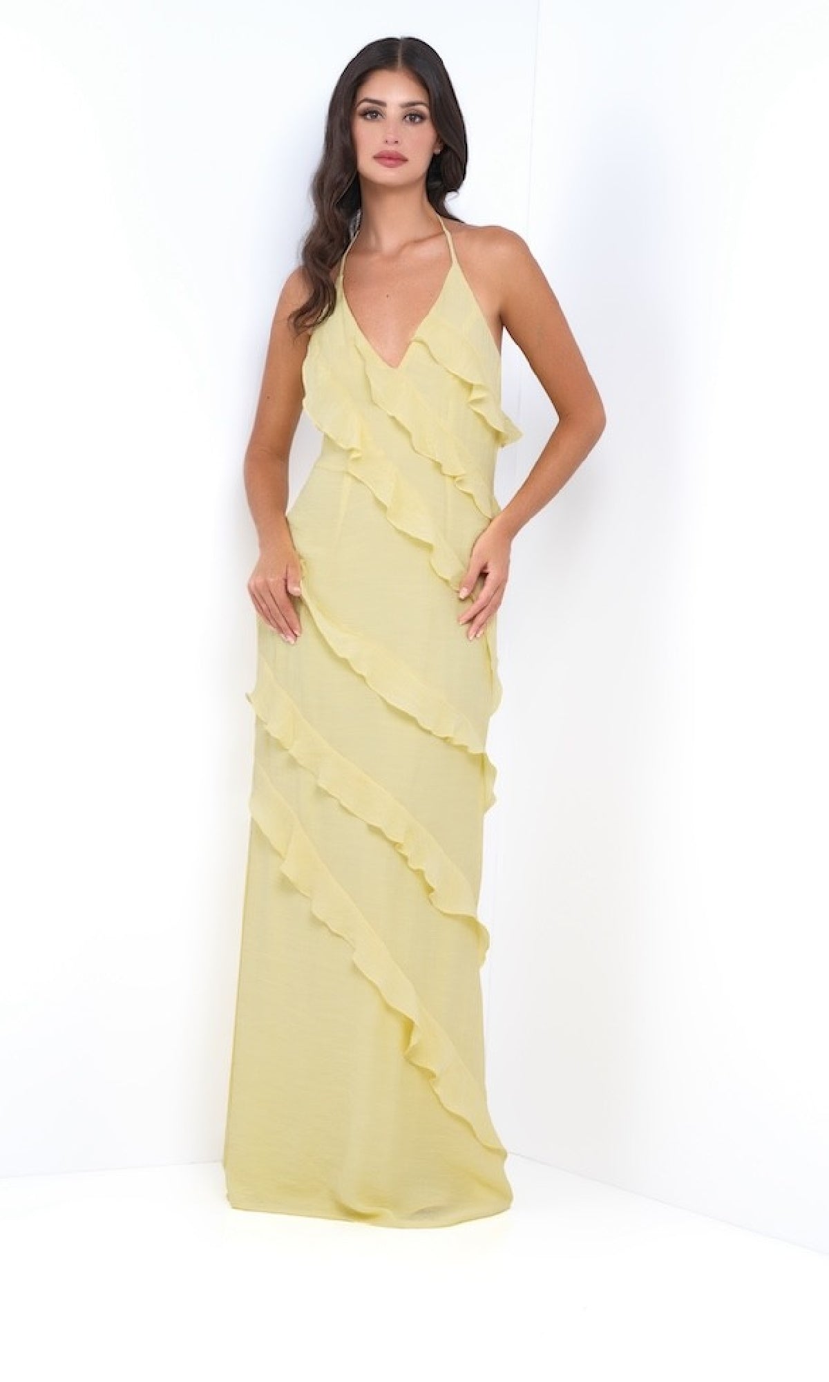 Long V-Neck Ruffle Prom Dress: Remi by Velvi