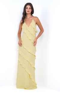 Long V-Neck Ruffle Prom Dress: Remi by Velvi