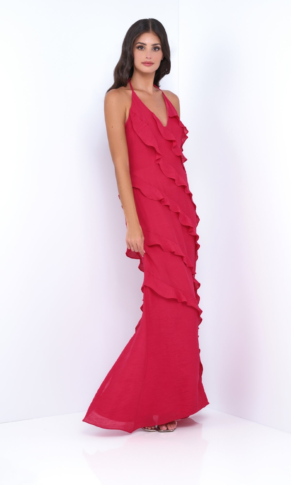 Long V-Neck Ruffle Prom Dress: Remi by Velvi