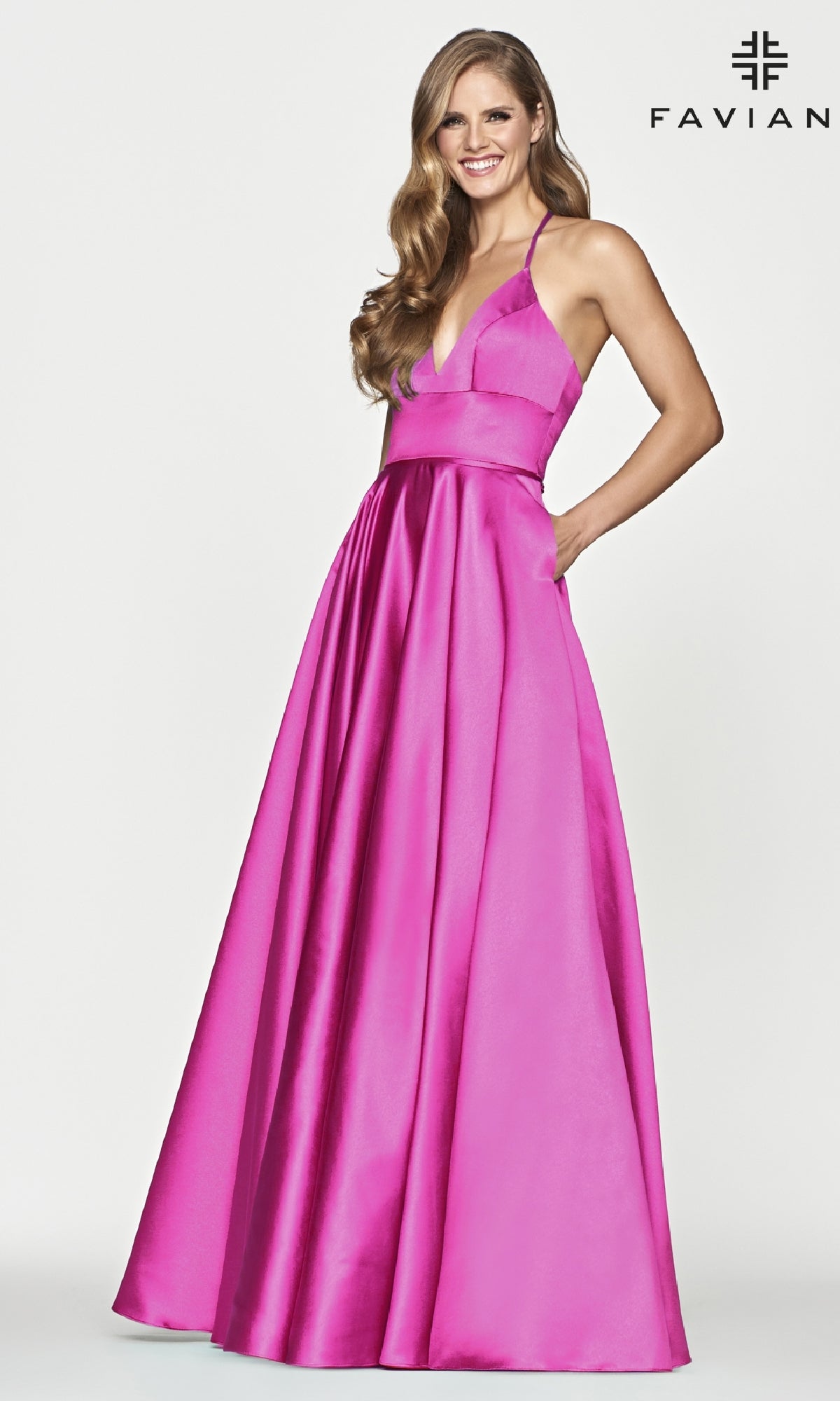 Corset-Back A-Line Long Satin Prom Dress by Faviana