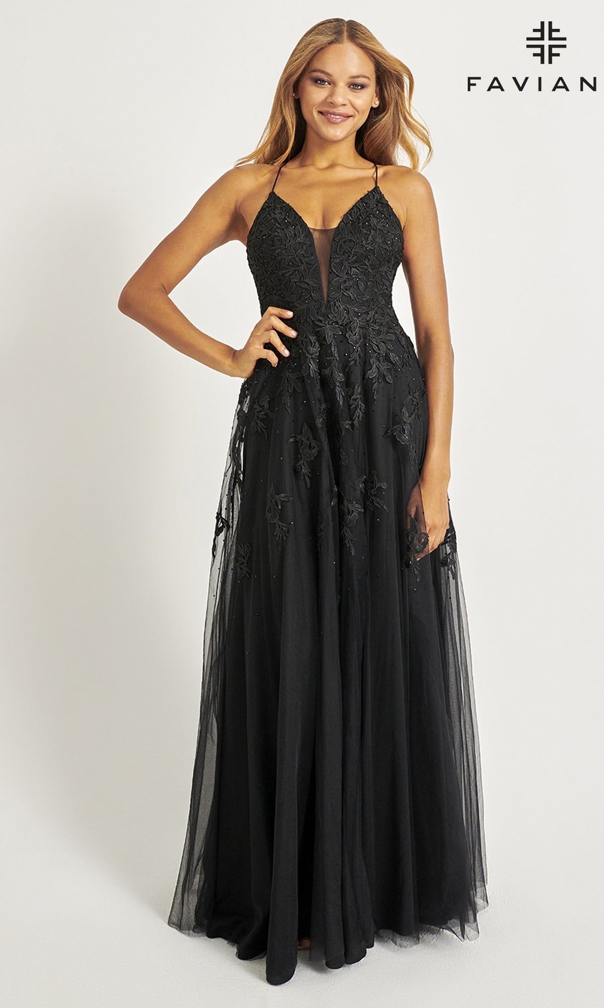 Faviana Embroidered A-Line Long Prom Dress