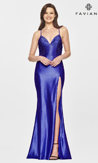 Long Stretch-Satin Beaded Prom Dress by Faviana