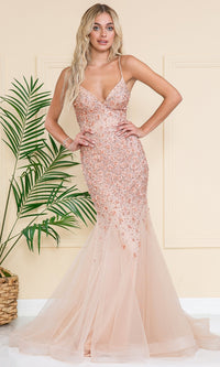 Floral-Embellished Long Prom Dress with Train SU066