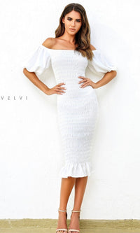 Skyla Knee-Length Puff-Sleeve Wedding-Guest Dress