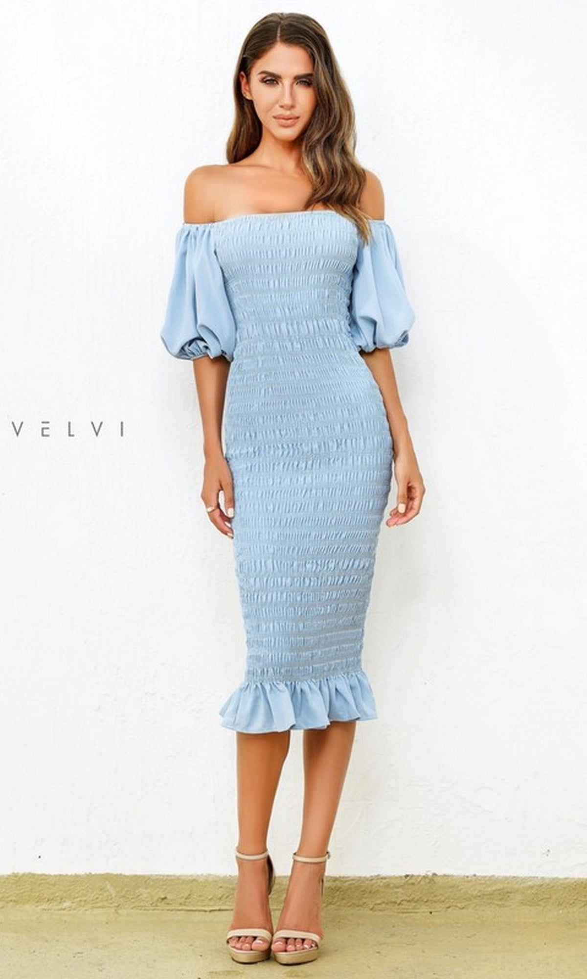 Skyla Knee-Length Puff-Sleeve Wedding-Guest Dress