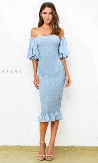 Skyla Knee-Length Puff-Sleeve Wedding-Guest Dress