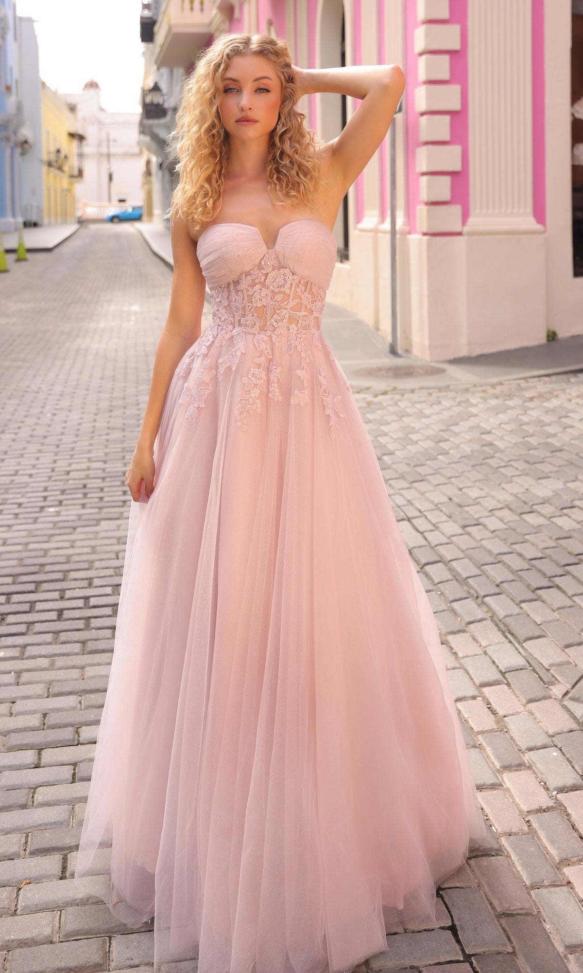 Strapless Sheer-Waist Long Prom Ball Gown T1326