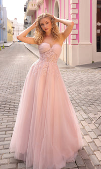 Strapless Sheer-Waist Long Prom Ball Gown T1326