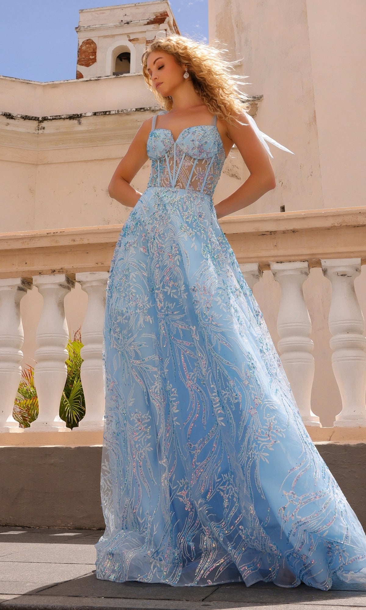 Sequin Long Prom Ball Gown with Shoulder Bows T1336