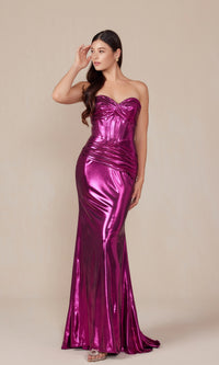 Pleated Metallic Long Prom Dress: Nox Anabel T1499