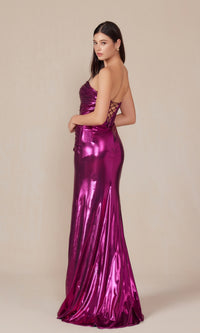 Pleated Metallic Long Prom Dress: Nox Anabel T1499