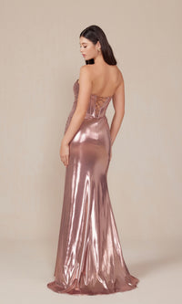 Pleated Metallic Long Prom Dress: Nox Anabel T1499