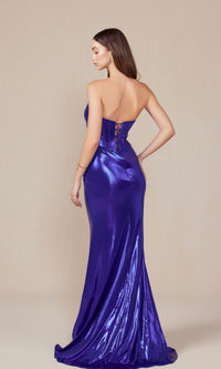 Pleated Metallic Long Prom Dress: Nox Anabel T1499