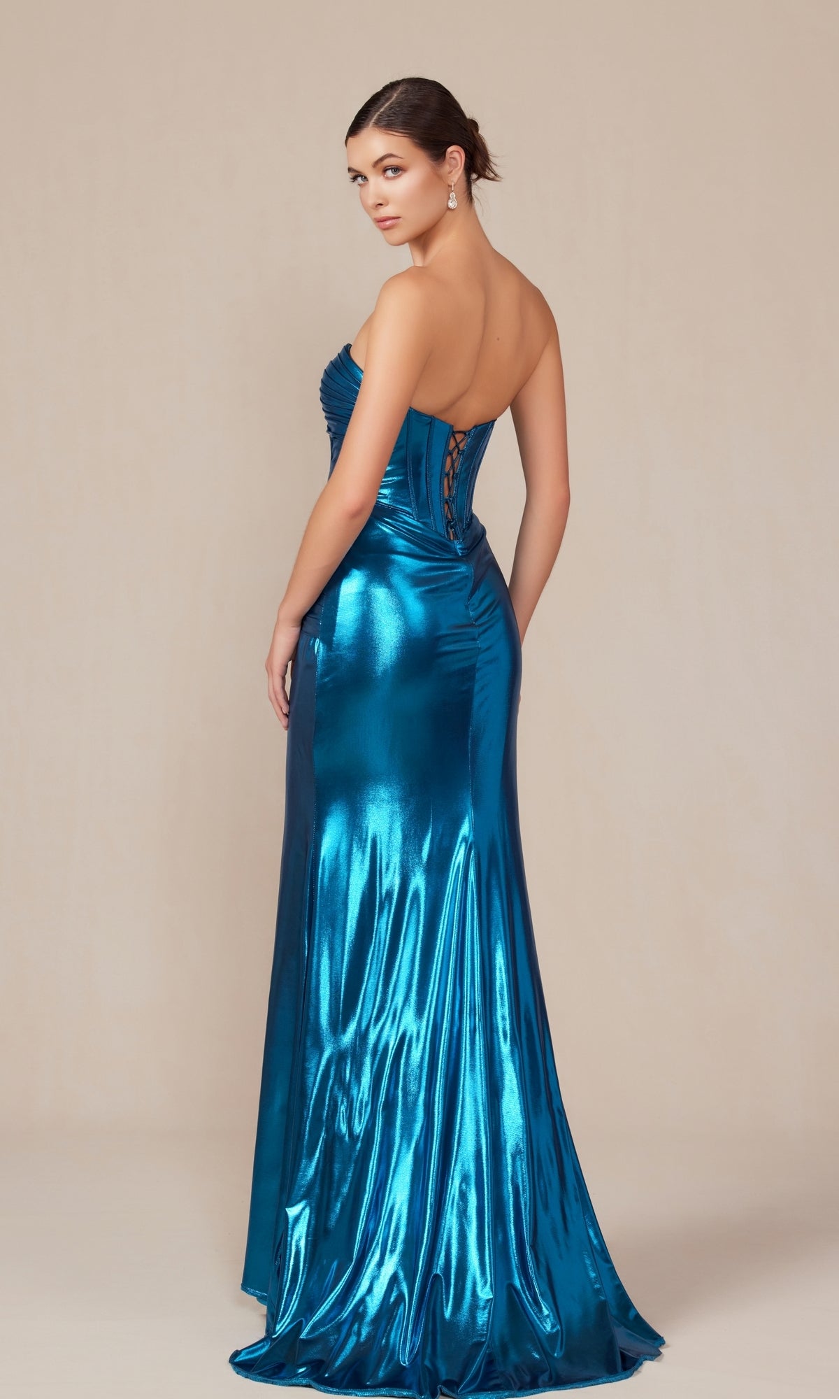 Pleated Metallic Long Prom Dress: Nox Anabel T1499