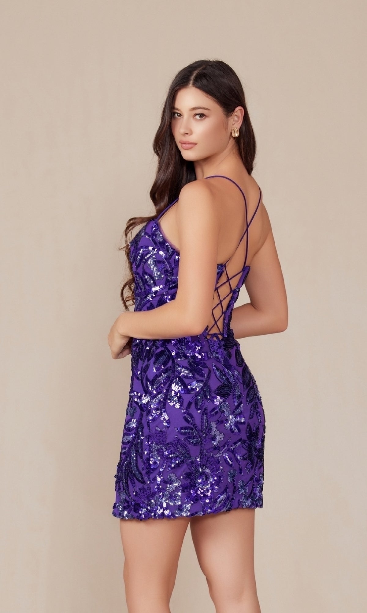 Lace-Up Short Sequin-Print Homecoming Dress T864