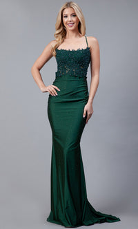 Long Beaded Prom Dress with Lace Bodice TM1001