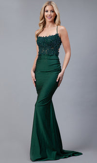 Long Beaded Prom Dress with Lace Bodice TM1001