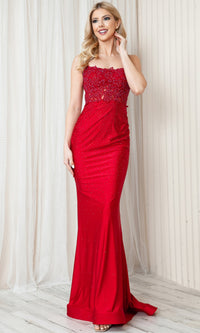 Long Beaded Prom Dress with Lace Bodice TM1001