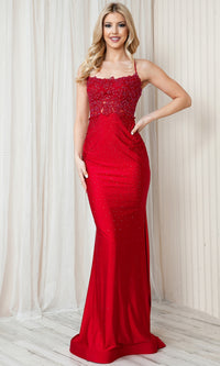 Long Beaded Prom Dress with Lace Bodice TM1001