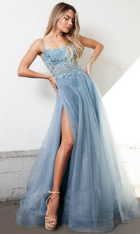 Sheer-Corset Dusty Blue Long Prom Dress TM1004