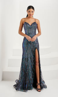 Tiffany Open-Back Glitter-Print Prom Dress 16094