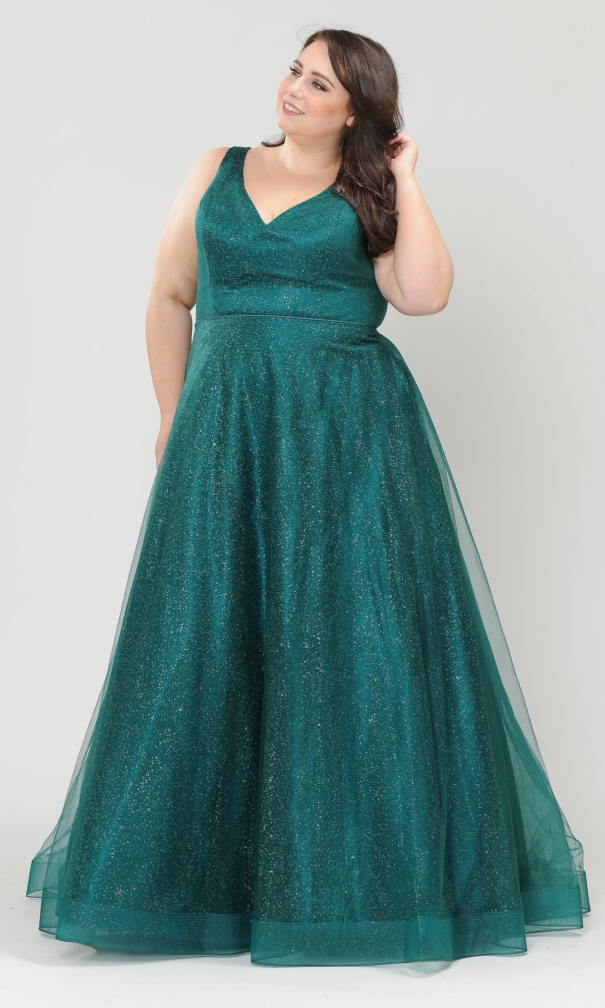 Glitter-Tulle Plus-Size Long Prom Gown W1024