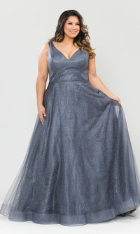 Glitter-Tulle Plus-Size Long Prom Gown W1024