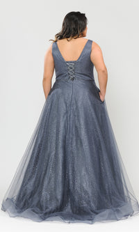 Glitter-Tulle Plus-Size Long Prom Gown W1024