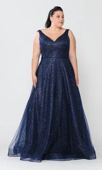 Glitter-Tulle Plus-Size Long Prom Gown W1024