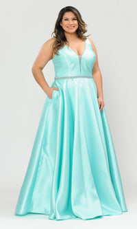 V-Neck Plus-Size Long Prom Dress with Pockets W1108