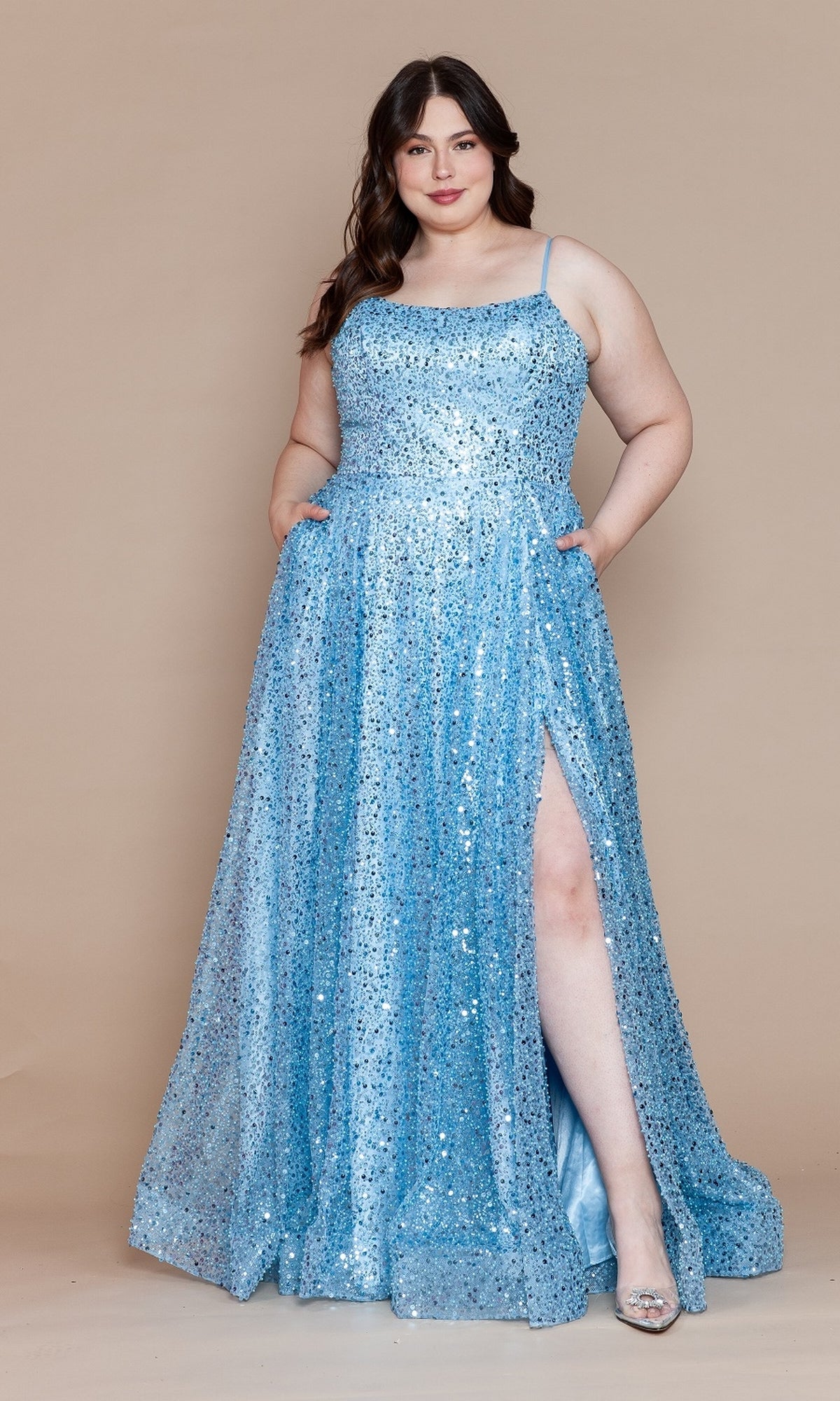 Corset-Back Plus-Size Long Sequin Prom Dress W1142