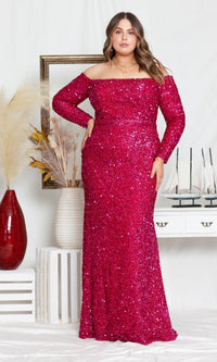 Long Sleeve Plus-Size Long Sequin Prom Dress W8876