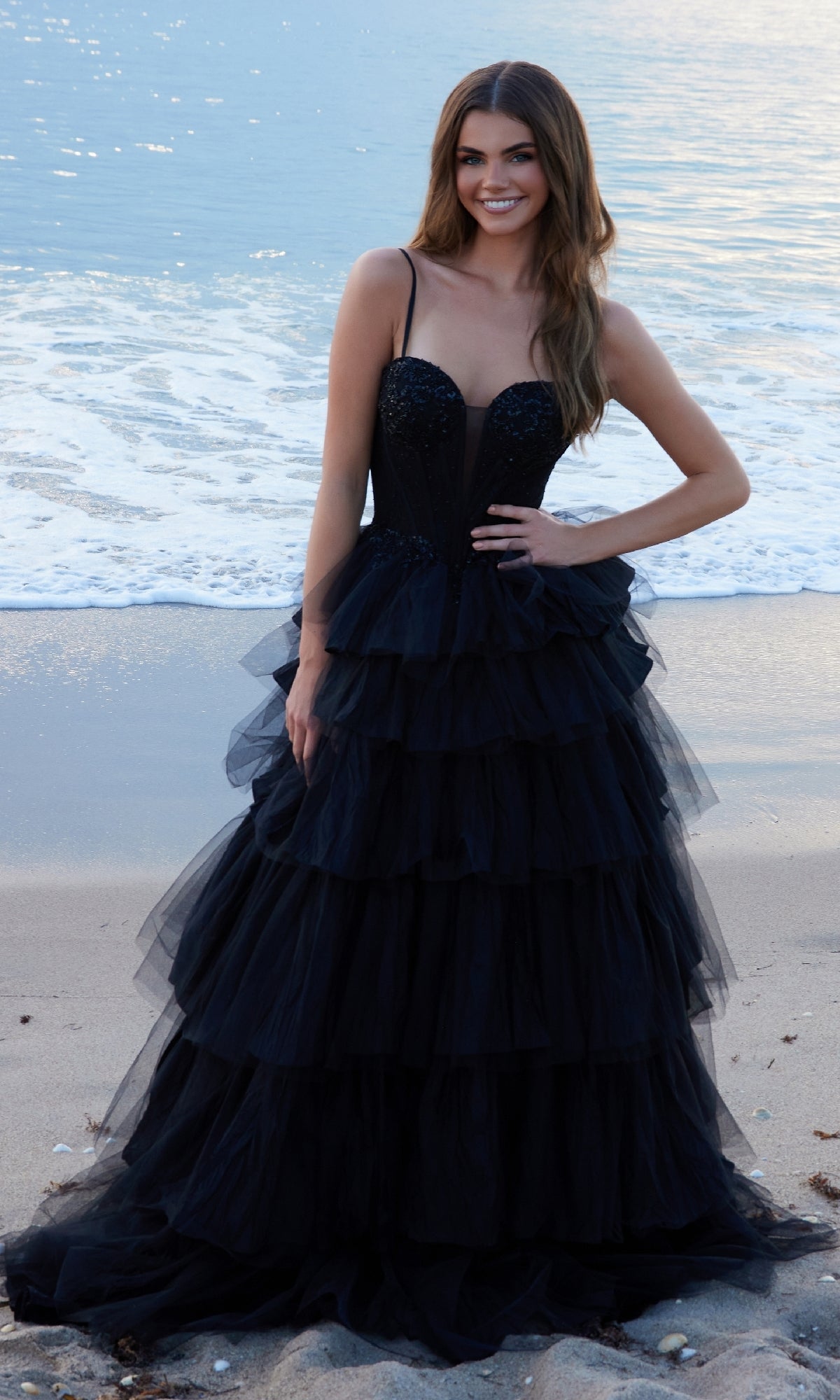 Tiered Ruffle Black Prom Ball Gown: Nox Anabel Y1545