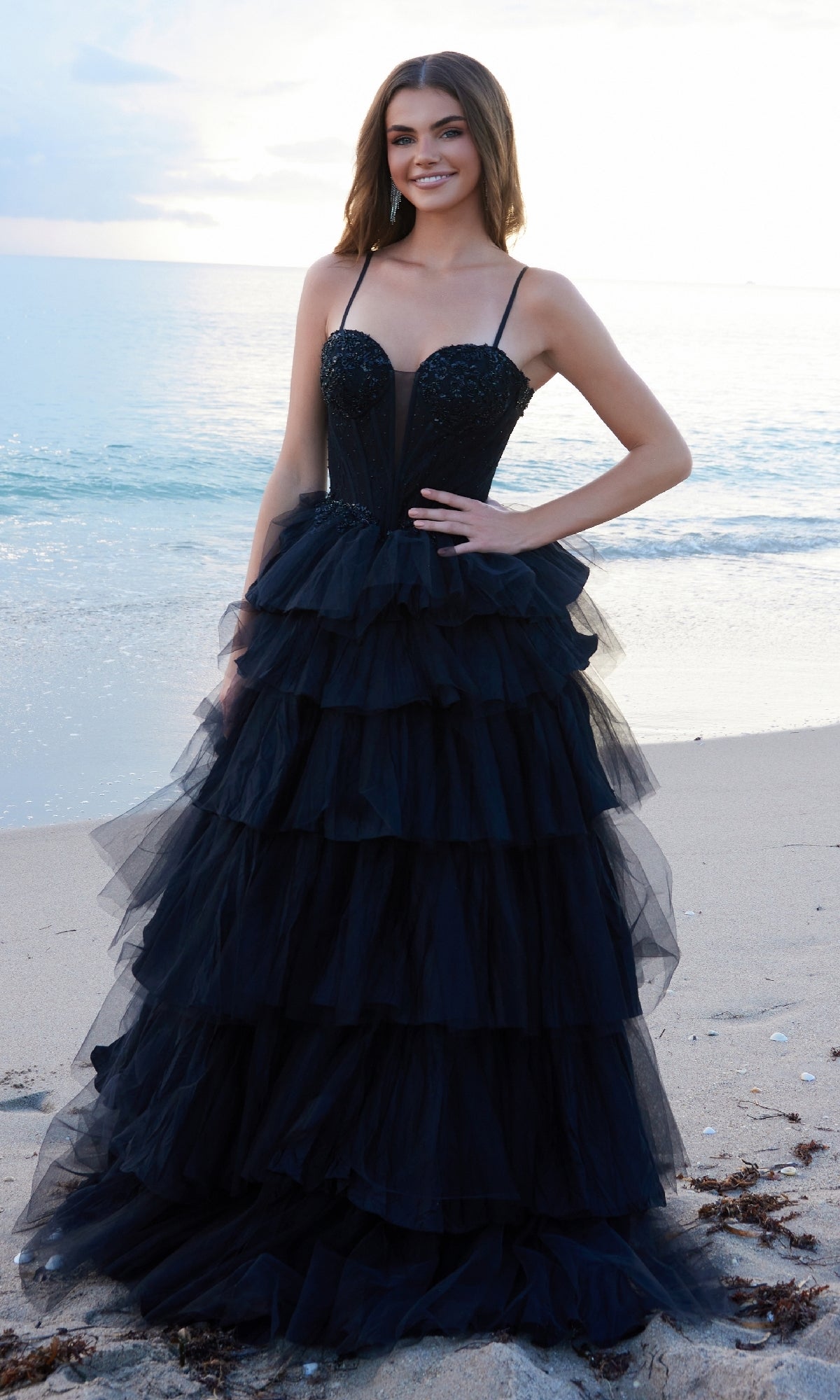 Tiered Ruffle Black Prom Ball Gown: Nox Anabel Y1545