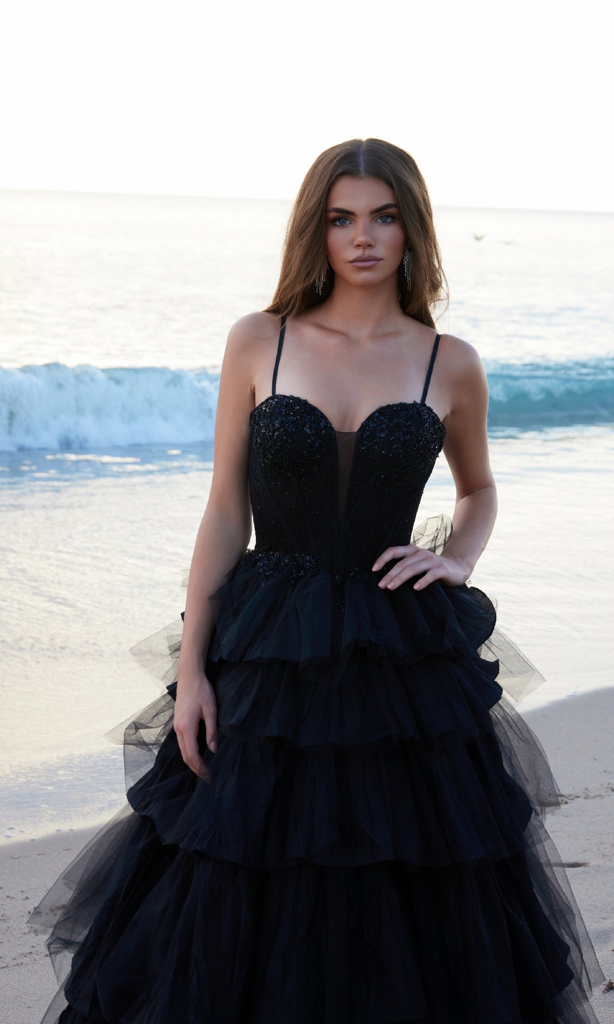 Tiered Ruffle Black Prom Ball Gown: Nox Anabel Y1545