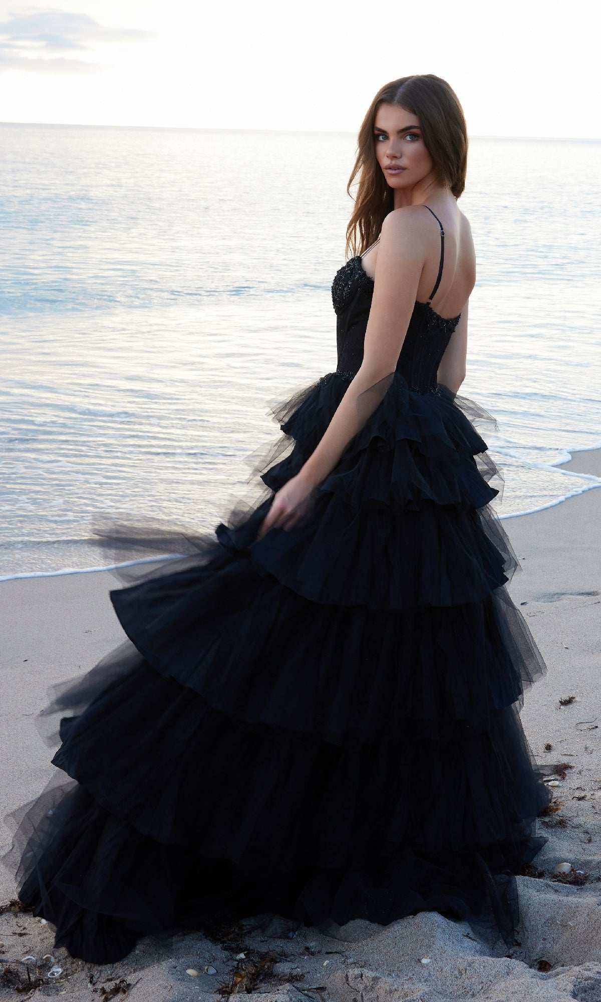 Tiered Ruffle Black Prom Ball Gown: Nox Anabel Y1545